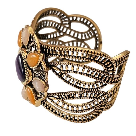 Barse Gold Tone Cuff Bracelet Purple Lucite Center, Signed - Picture 5 of 11